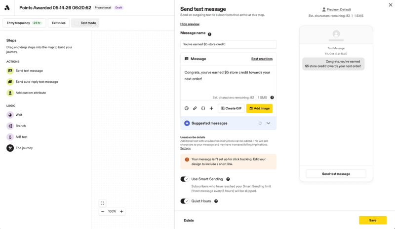 Attentive's text message editor with a store credit message, a live phone preview, a character count showing one SMS, and Smart Sending and Quiet Hours switched on