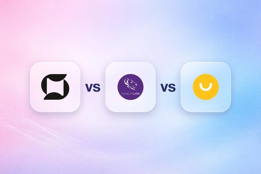 Mage, LoyaltyLion and Smile.io logos on frosted glass tiles comparing the Shopify loyalty apps