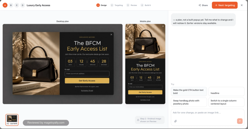 OptiMonk design step showing the desktop and mobile plan of a BFCM early access popup, with suggested refinements in the AI chat