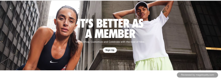 Nike Membership page: it's better as a member, move, shop, customize and celebrate with the best of Nike, with a Sign Up button
