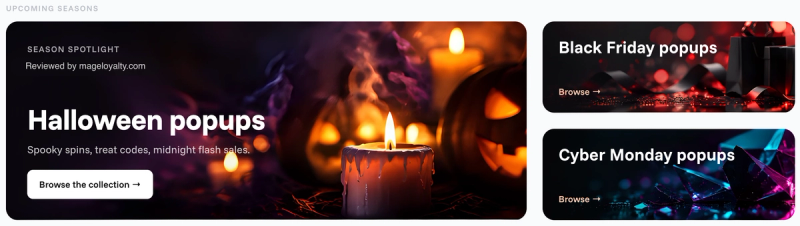OptiMonk popup library with seasonal collections for Halloween, Black Friday and Cyber Monday