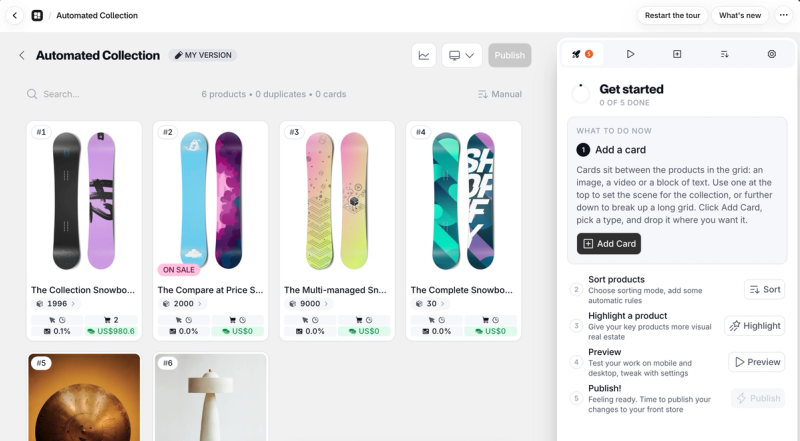 Depict collection editor with product tiles showing stock, clicks, add-to-carts and revenue, and a get-started panel to add a card, sort, highlight, preview and publish