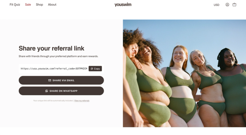 YouSwim referral page with a copyable referral link, Share via Email and Share on WhatsApp buttons, and a lifestyle photo