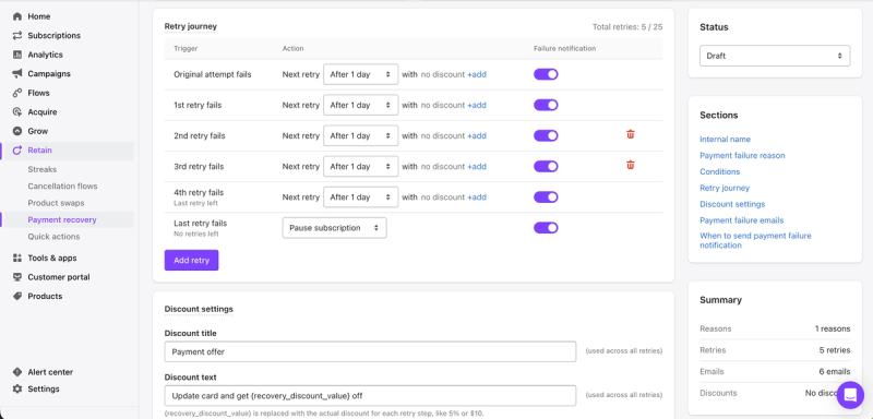 Loop payment recovery retry journey with five retries one day apart, a failure email toggle on each step and pause subscription after the last retry