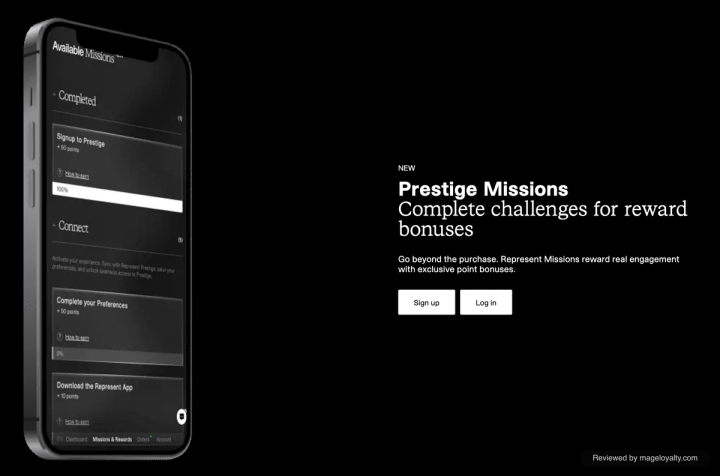 Prestige Missions: complete challenges for reward bonuses, with a phone showing Signup to Prestige, Complete your Preferences and Download the Represent App missions