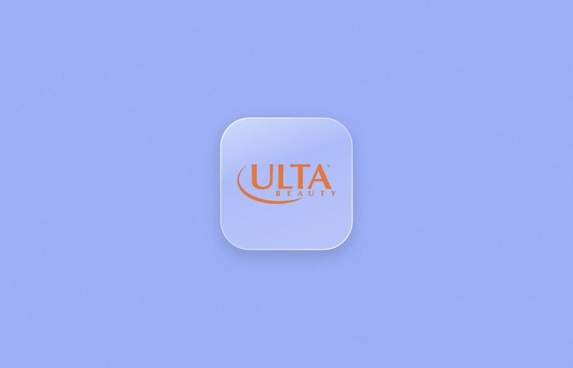 Ulta Beauty logo on a frosted glass tile over a periwinkle blue background