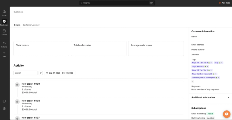 A Redo customer profile with Shopify tags added by Mage, including VIP tier and membership tags