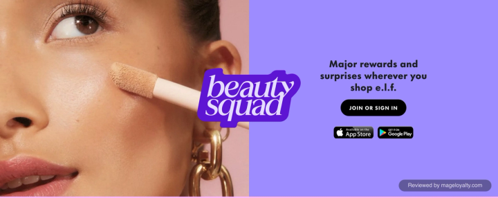 e.l.f. Beauty Squad page: major rewards and surprises wherever you shop e.l.f., with a Join or sign in button and App Store and Google Play badges