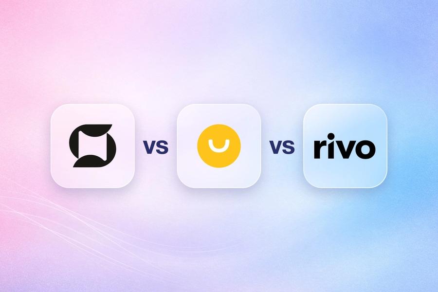 Mage, Smile.io and Rivo logos on frosted glass tiles comparing the three Shopify loyalty apps