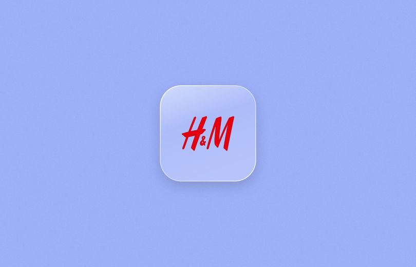H&M logo on a frosted glass tile over a periwinkle blue background