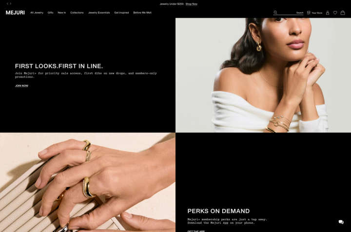 Mejuri+ membership page with the headline First Looks. First in Line., Join Now link and Perks on Demand app section