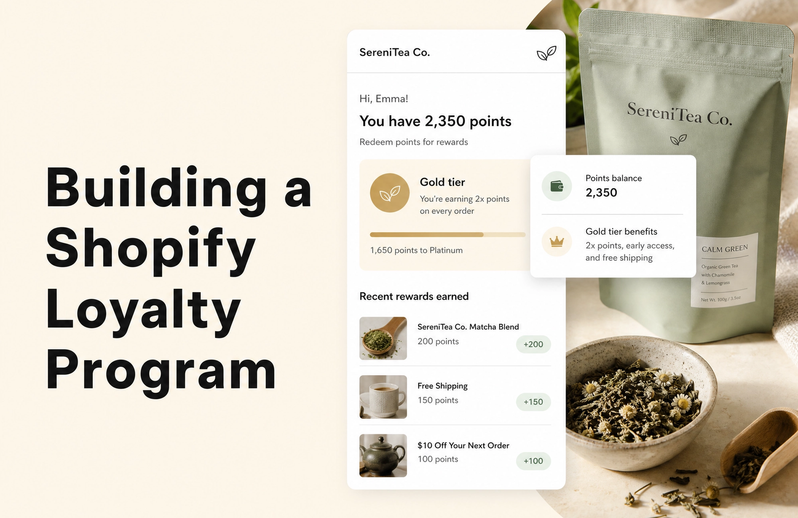 Minimalist landscape with text overlaid in sky reading "How to Build a Loyalty Program for a Shopify Tea Brand," representing
