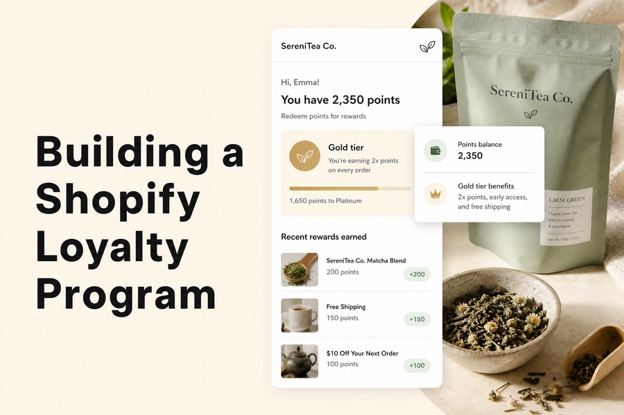 Minimalist landscape with text overlaid in sky reading "How to Build a Loyalty Program for a Shopify Tea Brand," representing
