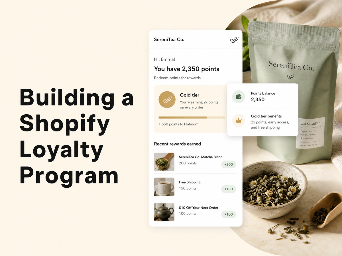 Minimalist landscape with text overlaid in sky reading "How to Build a Loyalty Program for a Shopify Tea Brand," representing
