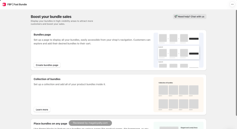 Fast Bundle Bundle Booster options to create a bundles page, a collection of bundles, or place bundles on any page with theme blocks