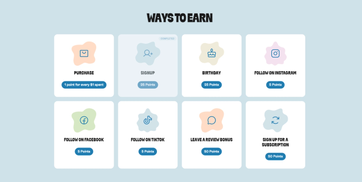 Ways to earn grid with purchase, completed signup, birthday, social follow, review bonus, and subscription cards