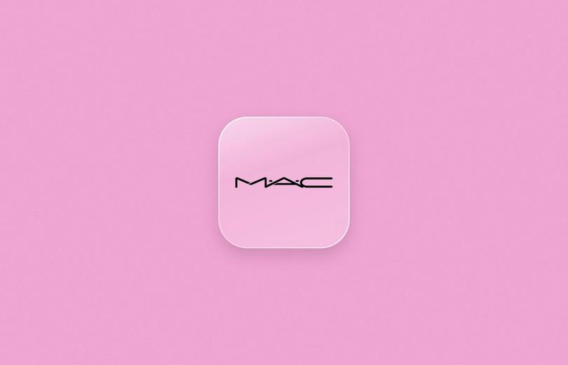 M·A·C logo on a frosted glass tile over a soft pink background