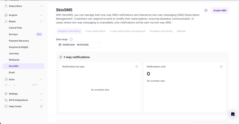 SkioSMS settings with tabs for analytics, one-way notifications, two-way subscription management, and a simulator for testing