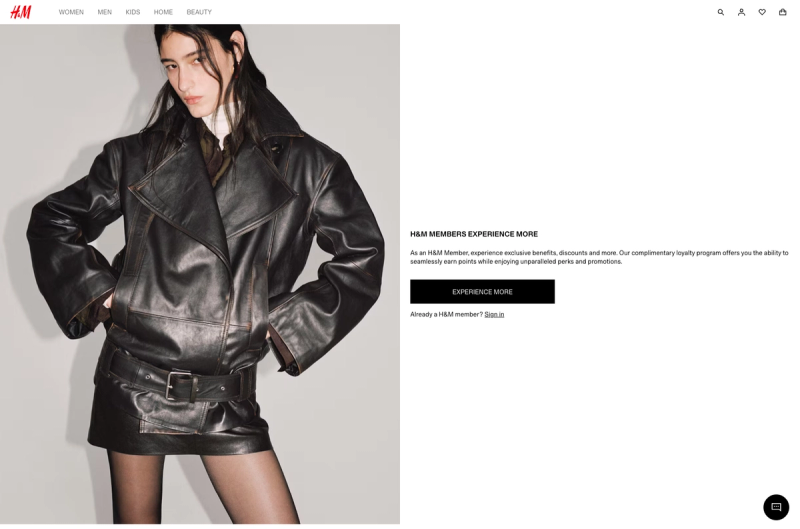 H&M Membership page with the headline H&M Members Experience More, Experience More button and leather jacket photo