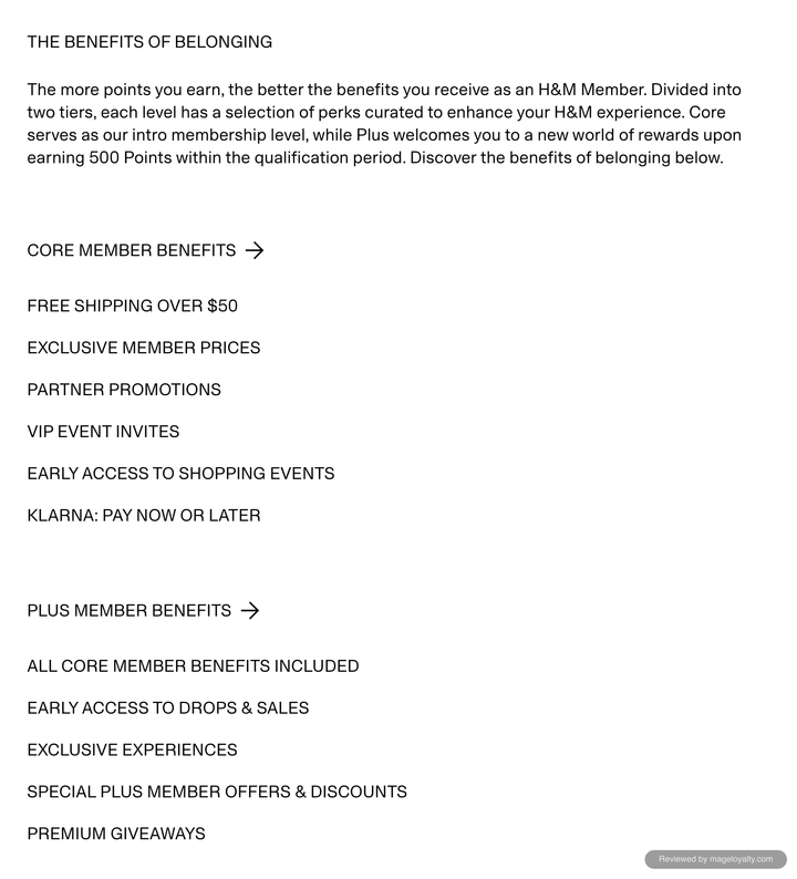 The benefits of belonging: H&M members get Core member benefits and, from 500 points, Plus member benefits, with the lists of each