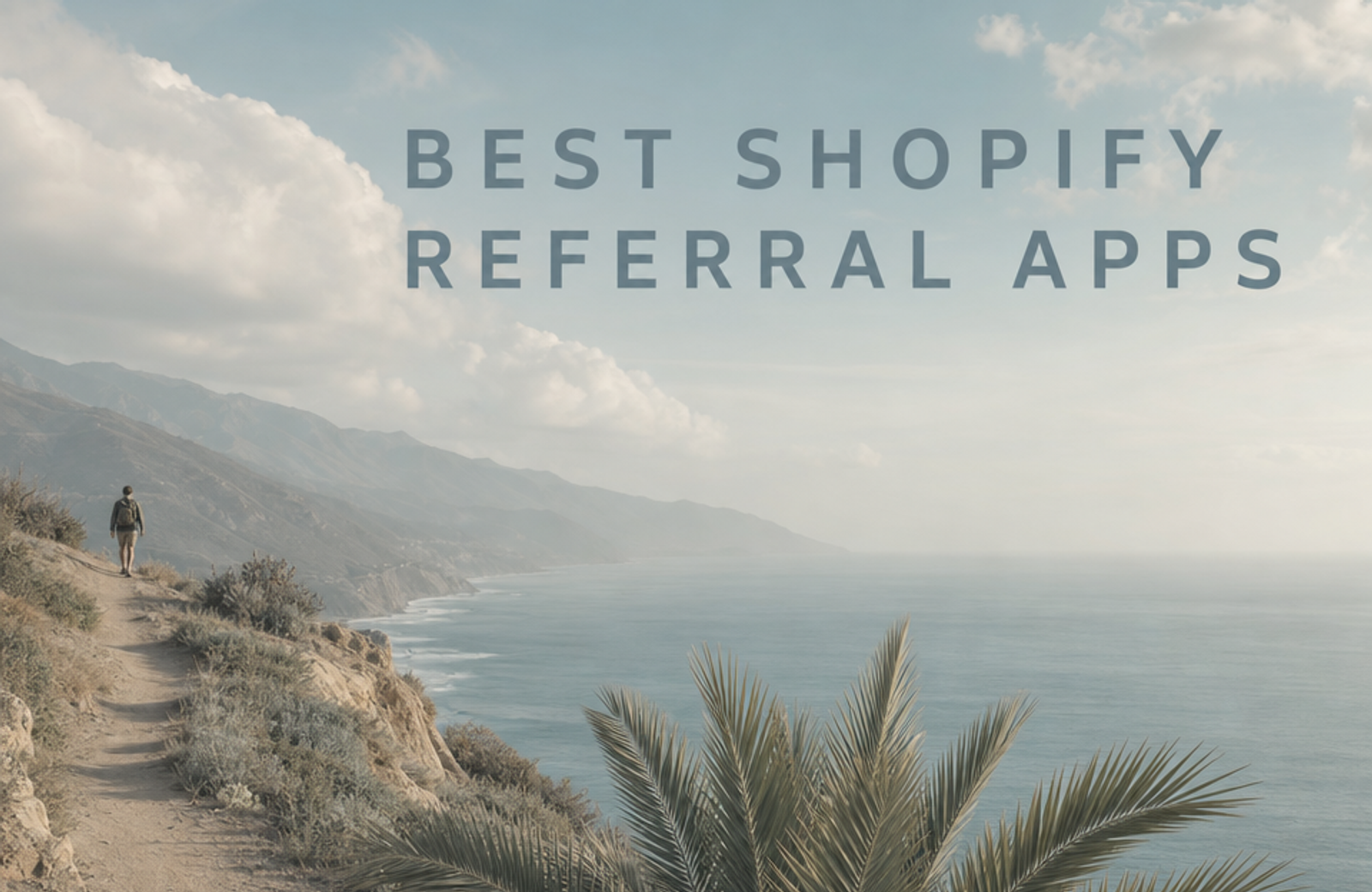 Minimalist landscape with "The 7 Best Shopify Referral Apps for 2026" text overlaid in sky, representing a blog roundup compa