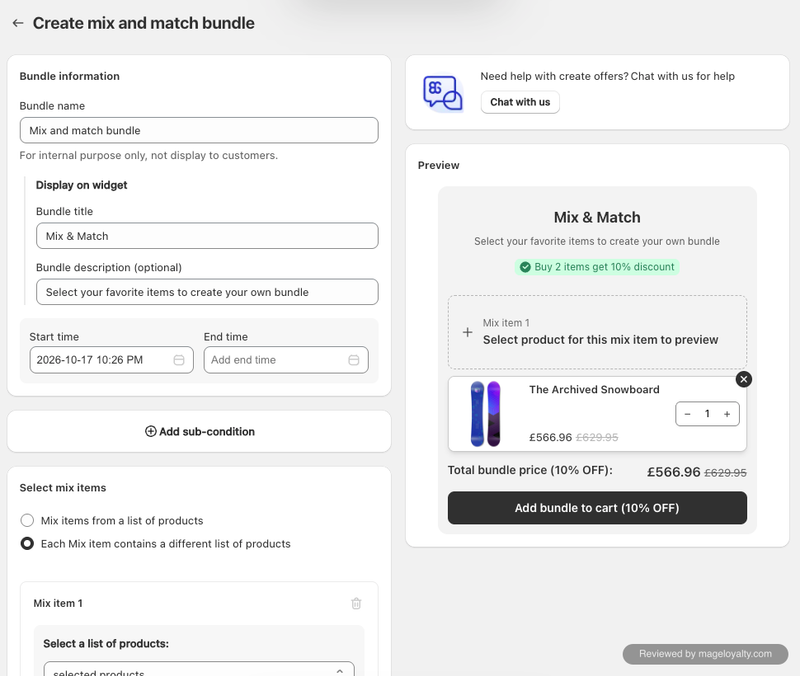 BOGOS mix and match bundle editor with a buy 2 items get 10% off offer and mix items drawn from different product lists, beside a preview