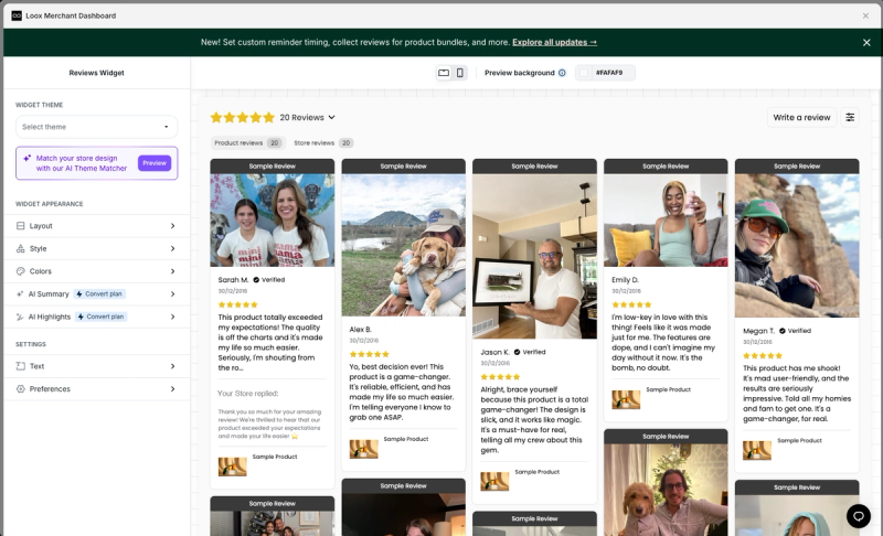 Loox Reviews Widget editor in full screen with the AI Theme Matcher, layout, style and colour settings, and AI Summary and AI Highlights marked as Convert plan features