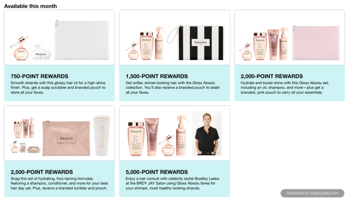 Sephora Rewards Bazaar available this month: 750, 1,500, 2,000, 2,500 and 5,000 point rewards, including hair-care sets, a branded pouch and a hair consultation with a celebrity stylist