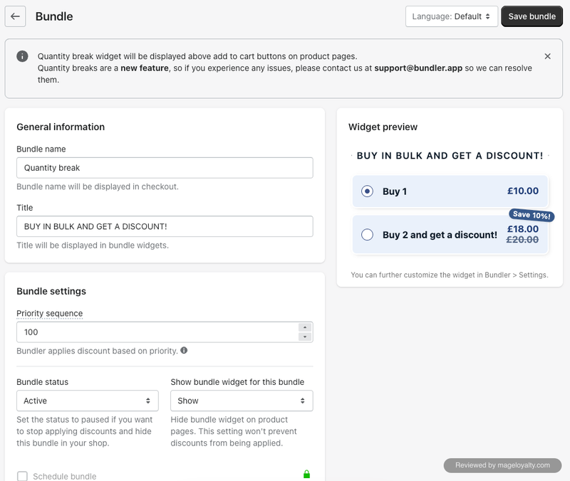 Bundler quantity break editor with the bundle name, title, priority and status settings beside a widget preview offering one item or two with 10% off