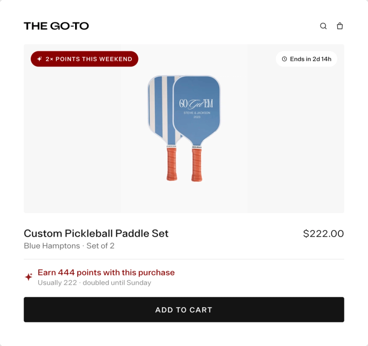 Product page for a pickleball paddle set with a 2x Points This Weekend badge, countdown, and Earn 444 points message