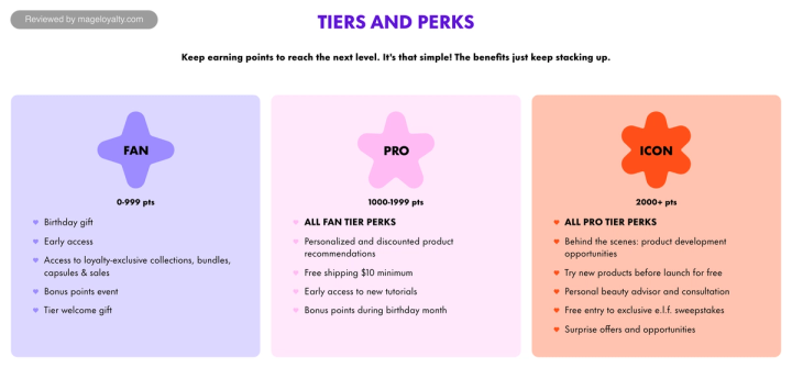 Tiers and perks: Fan 0 to 999 points, Pro 1,000 to 1,999 points and Icon 2,000+ points, each listing its perks