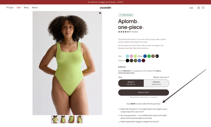 YouSwim store credit example