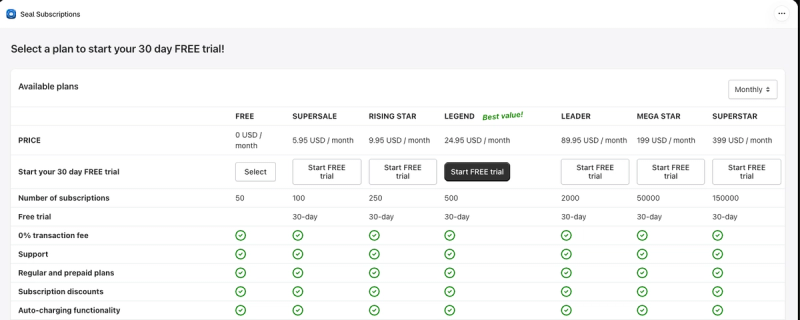 Seal plan page on install showing seven tiers from Free to Superstar, the number of subscriptions each allows and 0% transaction fees on every plan