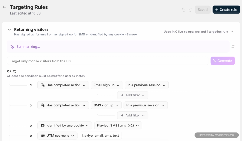 Alia targeting rules with an AI prompt to target only mobile visitors from the US and a returning visitors rule based on email and SMS sign-ups, cookies and UTM sources