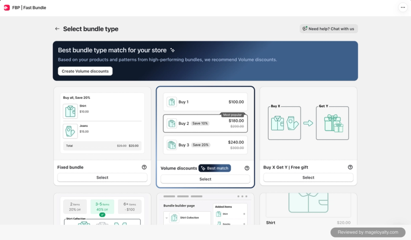 Fast Bundle select bundle type screen with an AI recommendation of volume discounts for the store, above fixed bundle, volume discount, buy X get Y and free gift, mix and match, bundle builder page and add-on options