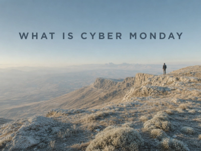 What Is Cyber Monday? A Guide to the Biggest Online Shopping Day: a minimalist cinematic landscape with the title in the sky