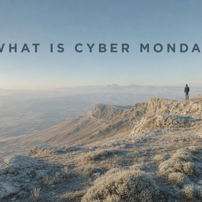 What Is Cyber Monday? A Guide to the Biggest Online Shopping Day: a minimalist cinematic landscape with the title in the sky
