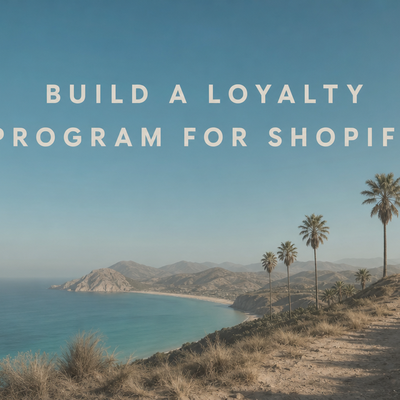 Minimalist landscape with "How to Build a Loyalty Program for a Shopify Wine or Alcohol Brand" text overlaid in the sky, illu