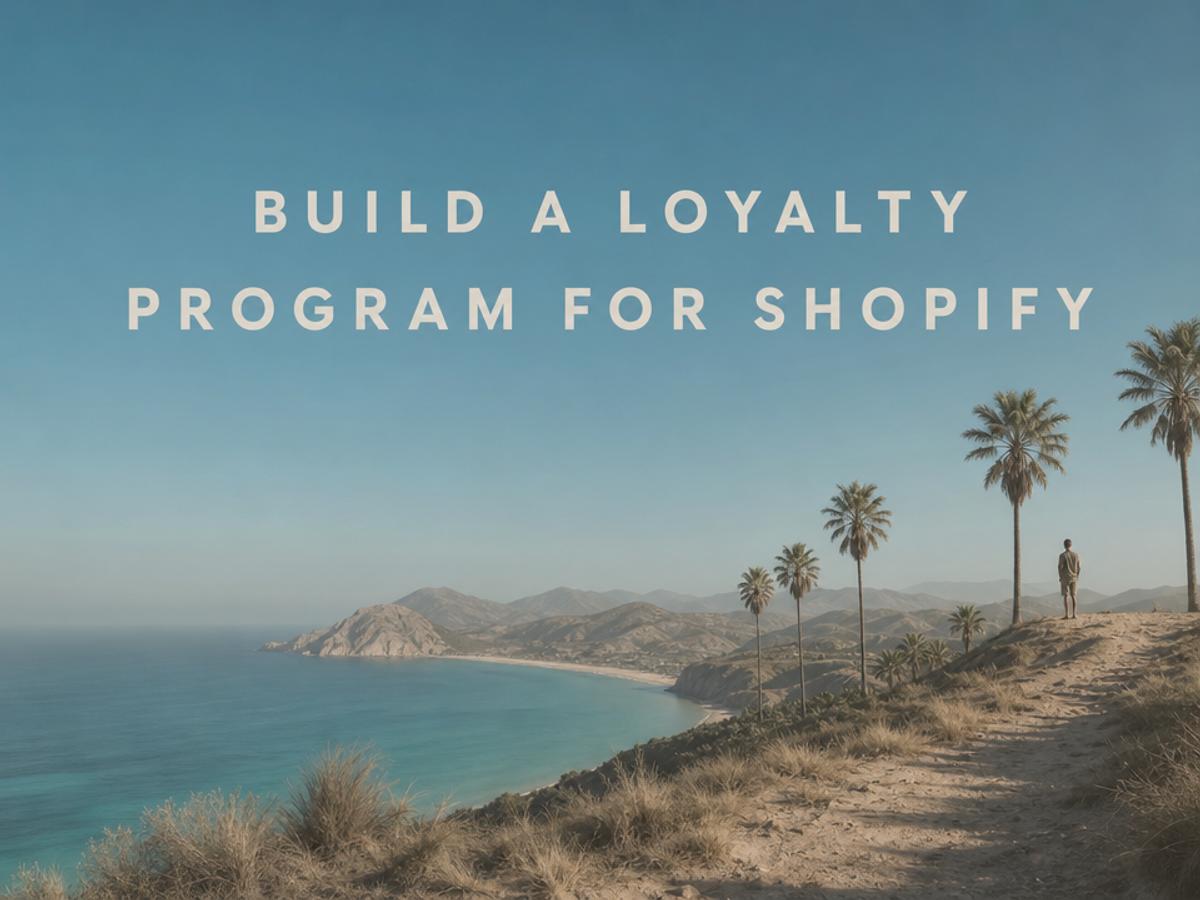 Minimalist landscape with "How to Build a Loyalty Program for a Shopify Wine or Alcohol Brand" text overlaid in the sky, illu