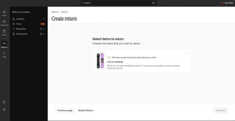 Redo's Create return screen flagging that an item would have been rejected by the store's return flow, with the message that international returns are not accepted
