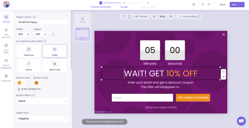 Poptin design editor with popup size, on-submit actions, button colours and font settings beside a countdown popup offering 10% off for an email