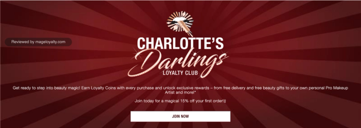Charlotte's Darlings Loyalty Club page header: earn Loyalty Coins with every purchase, 15% off your first order and a Join now button