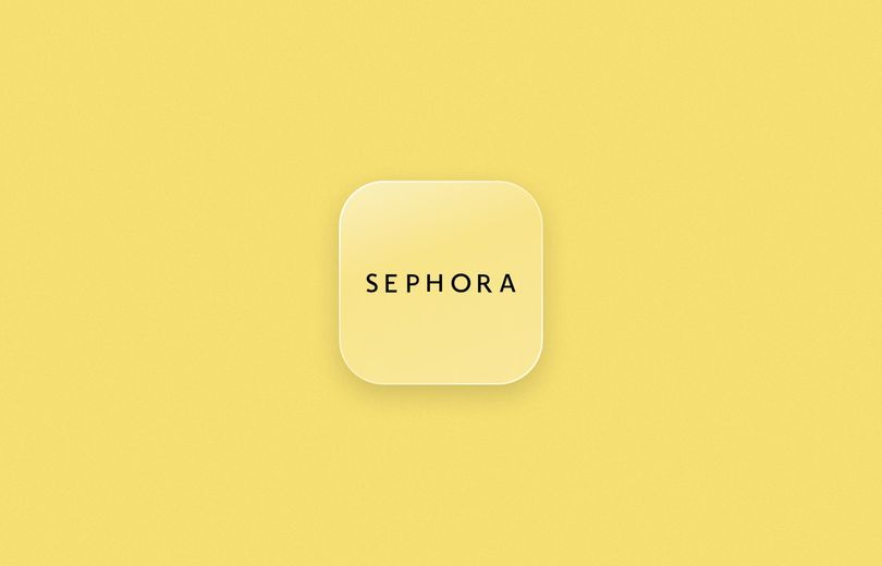 Sephora logo on a frosted glass tile over a butter yellow background