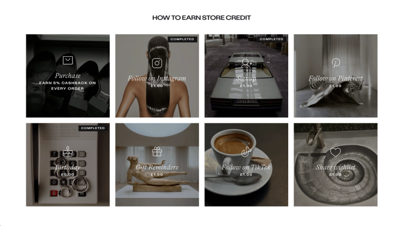 The Go-To How to earn store credit grid showing purchase cashback, social follows, signup, birthday, gift reminders and wishlist rewards