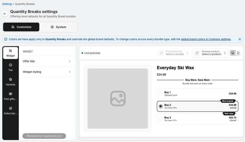 Easy Bundles quantity breaks settings with tier, variants, free gifts and subscription options beside a live preview of buy one, two or three offers