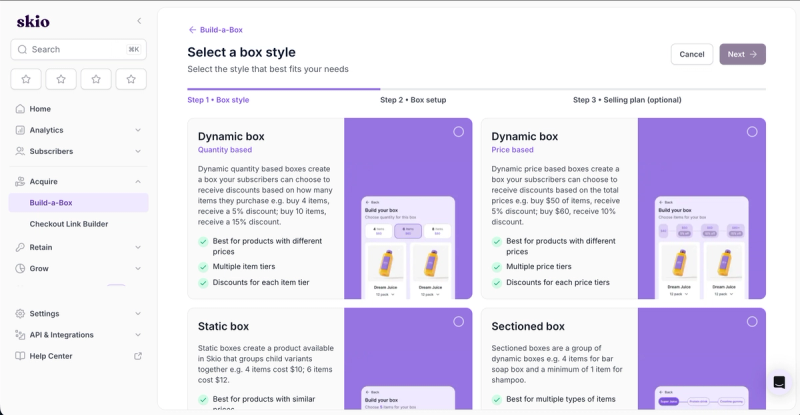 Skio Build-a-Box setup showing four box styles: dynamic quantity based, dynamic price based, static and sectioned