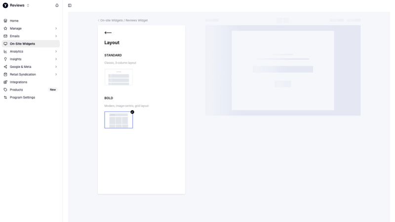 Yotpo reviews widget layout options: Standard, a classic three-column layout, and Bold, an image-centric grid