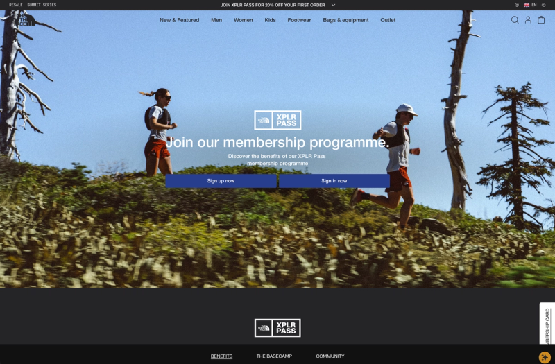 The North Face XPLR Pass membership page with a trail-running hero image and sign-up call to action