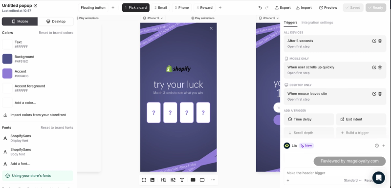 Alia popup editor with brand colours and store fonts, a mobile preview of a pick a card popup, and the Lia AI assistant panel