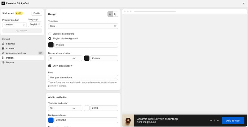 Essent sticky add to cart editor with template, background, border and button settings, and a preview of the bar with the product, quantity and an Add to cart button